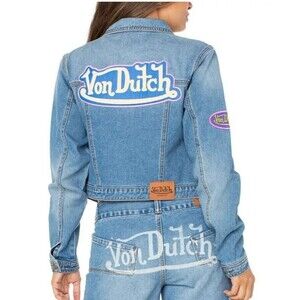 Von Dutch Zip-Front Denim Jacket Light Wash XS NWT Logo Patch Streetwear
